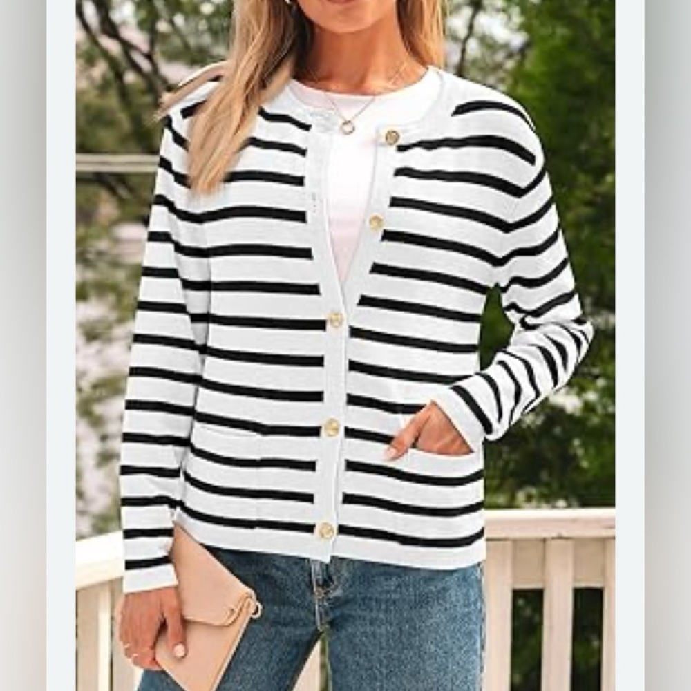 LILLUSORY Elegant Black and White Striped Women's Cardigan
